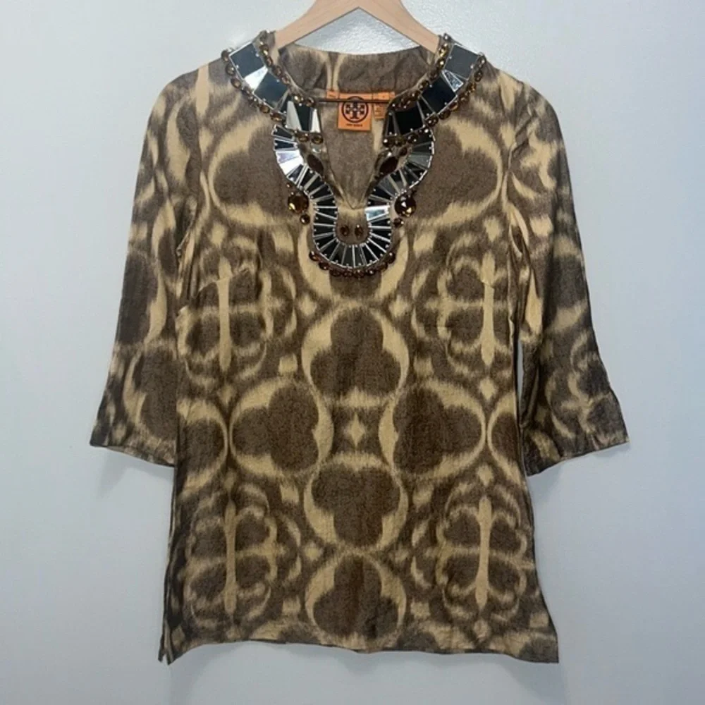 TORY BURCH Silk Blend Jewel Mirror Beaded Tunic Blouse -‎ Amber Brown - Size 2
